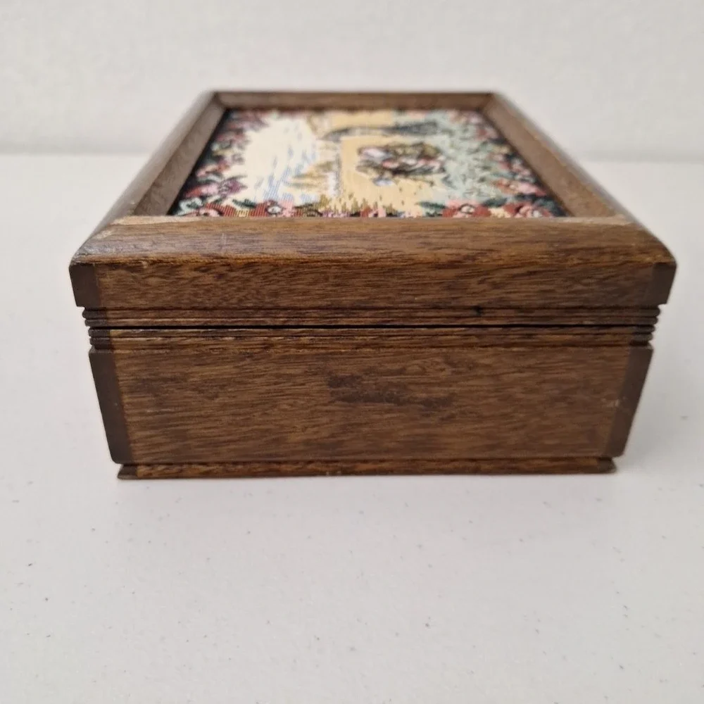 Vintage Tapestry Jewelry Box Art Floral Women Working Field Country Farmhouse